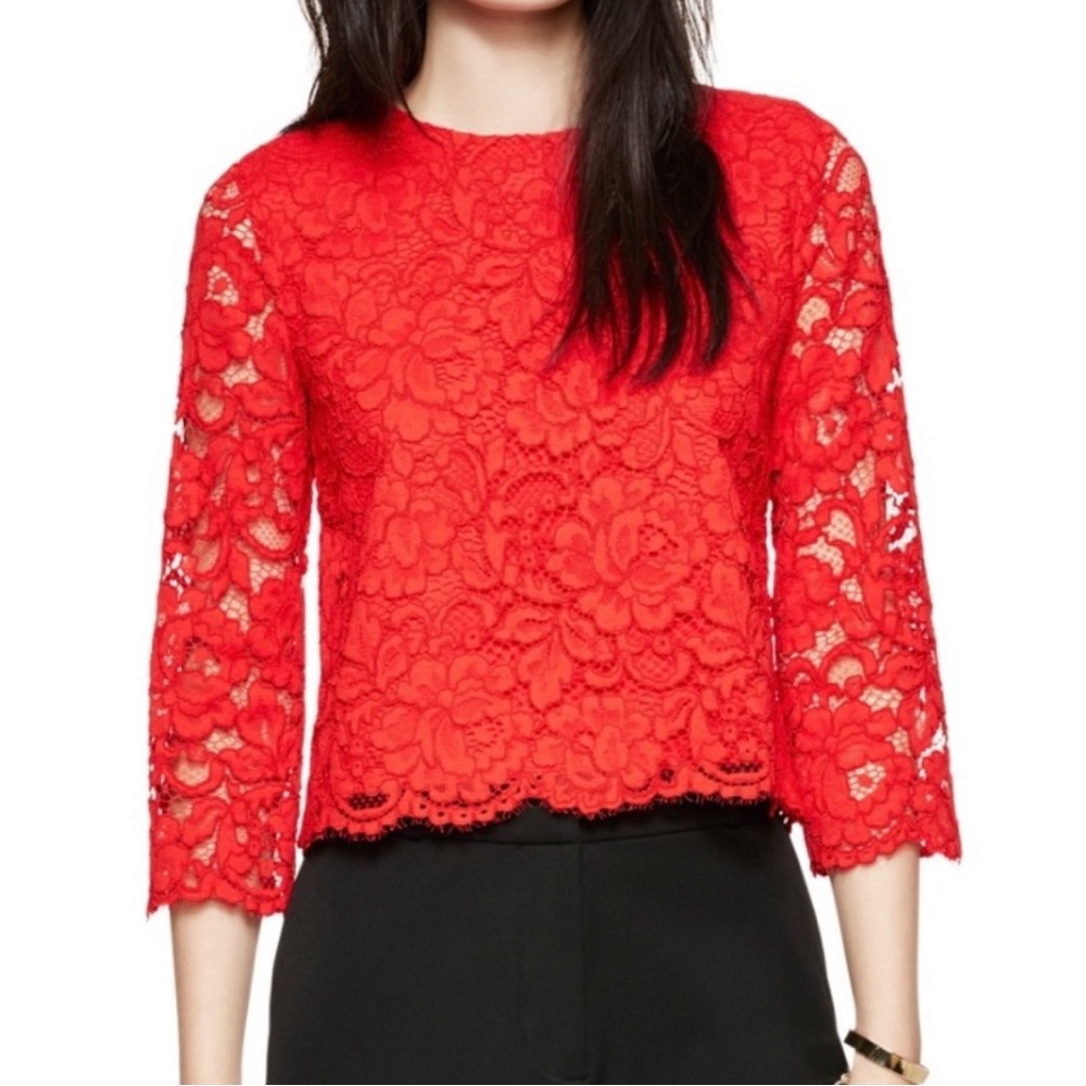 Kate Spade 3/4 Sleeve Floral Lace Crop Top in Red